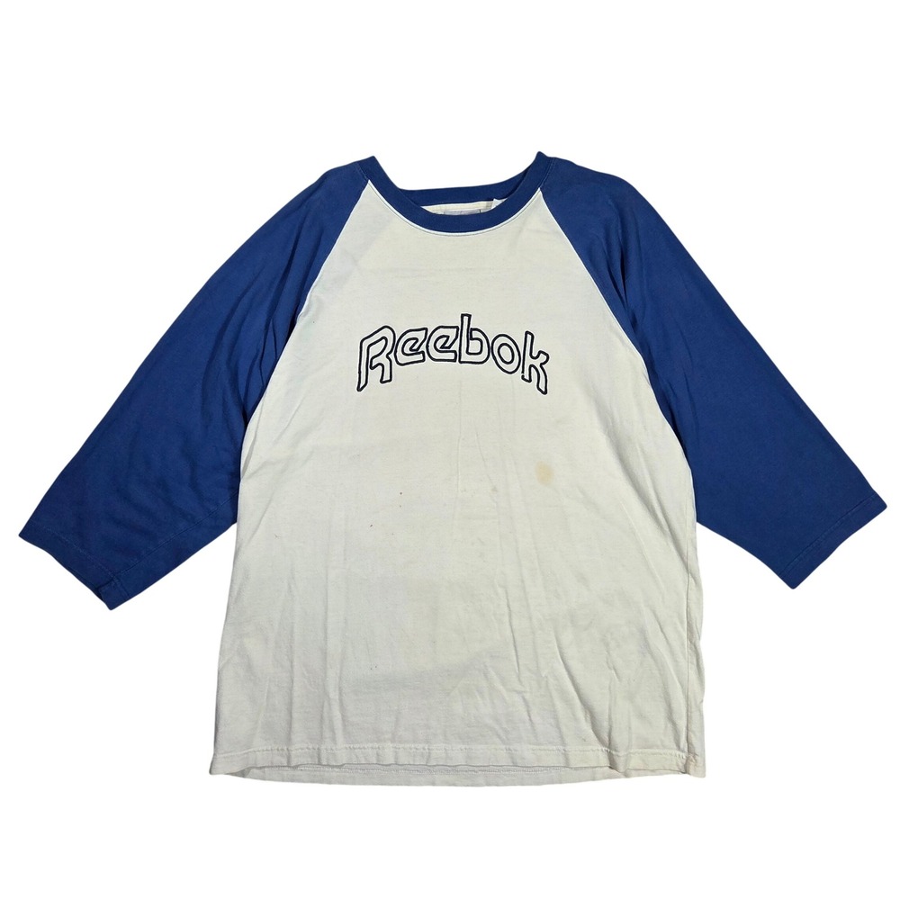 Reebok Vintage Mens XL Raglan Baseball Tee White Blue Embroidered Spellout Logo